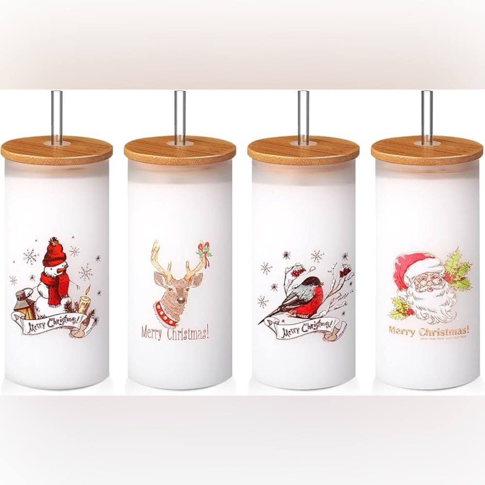 Festive/4 Pieces Christmas Glass Cups Set 16 oz/Bamboo Lids - Picture 7 of 14